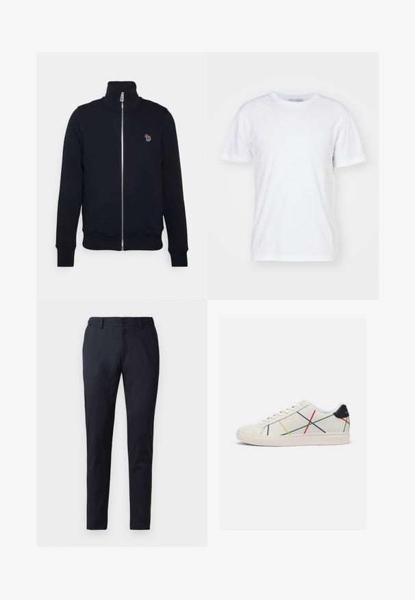 Sudadera azul marino con cremallera y alto cuello, puños y cintura acanalados. Presenta un logotipo bordado en el lado izquierdo del pecho. Fabricada con un tejido suave.; Camiseta de algodón blanca con escote redondo, mangas cortas y corte recto. Sin patrones ni adornos, textura suave y diseño sencillo.; Pantalones marinos de tela suave, con un corte ajustado, lazos para cinturón y un cierre de botón único. Piernas rectas con pliegues sutiles.; Zapatillas de cuero blancas con líneas diagonales multicolores en rojo, amarillo, verde y azul. Acento negro en el talón. Suela de goma.