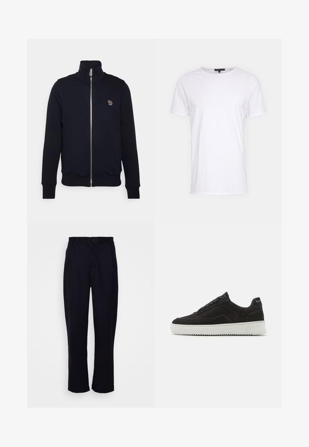 Marineblaue Zip-Up-Sweatshirt mit hohem Kragen, gerippten Bündchen und Saum. Verfügt über ein gesticktes Logo auf der linken Brust. Hergestellt aus weichem Stoff.; Weißes Baumwoll-T-Shirt mit Rundhalsausschnitt, kurzen Ärmeln und geradem Schnitt. Verfügt über eine einfache, glatte Textur und keine zusätzlichen Muster.; Schwarze Hose mit geradem Bein-Design, ausgestattet mit einem taillierten Bund, einem einzelnen Vorderknopf und zwei Fronttaschen. Glatte Textur.; Schwarze Wildledersneaker mit strukturiertem Finish, ausgestattet mit flachen Schnürsenkeln und einer kontrastierenden weißen Gummisohle mit Zickzackmuster.