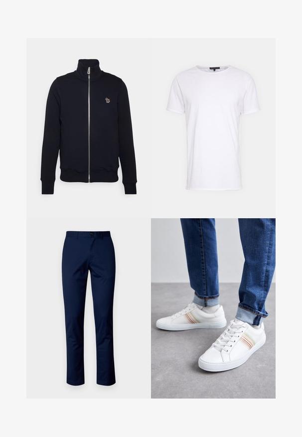 Sweat-shirt zippé bleu marine avec col montant, poignets et taille côtelés. Présente un logo brodé sur la poitrine gauche. Fabriqué en tissu doux.; T-shirt en coton blanc avec un col rond, des manches courtes et une coupe droite. Présente une texture simple et lisse, sans motifs supplémentaires.; Pantalons en coton bleu marine avec une coupe droite, dotés d'une fermeture à bouton à l'avant, de passants de ceinture et de coutures propres. Texture lisse sans motifs.; Baskets en cuir blanc avec des rayures multicolores, design à lacets, semelle en caoutchouc et col rembourré, associées à un jean en denim bleu.