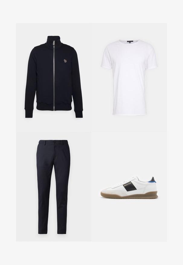Sudadera azul marino con cremallera y alto cuello, puños y cintura acanalados. Presenta un logotipo bordado en el lado izquierdo del pecho. Fabricada con un tejido suave.; Camiseta de algodón blanca con cuello redondo, mangas cortas y corte recto. Presenta una textura simple y suave sin patrones adicionales.; Pantalones marinos de tela suave, con un corte ajustado, lazos para cinturón y un cierre de botón único. Piernas rectas con pliegues sutiles.; Zapatilla blanca con detalles en negro y azul, parte superior de ante y cuero, puntera redonda, suela de goma plana y detalle de marca dorada en el costado.