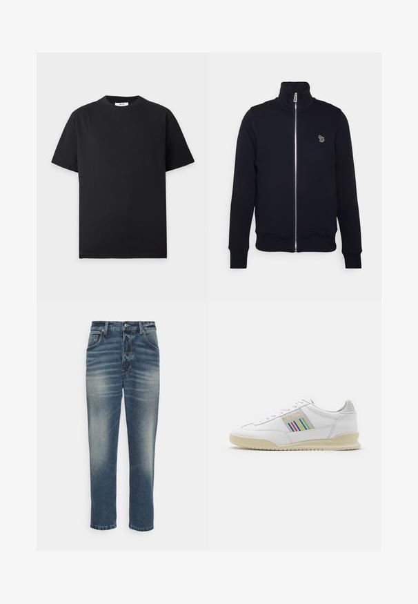 Sweat-shirt zippé bleu marine avec col montant, poignets et taille côtelés. Présente un logo brodé sur la poitrine gauche. Fabriqué en tissu doux.; T-shirt noir uni à manches courtes et col rond avec une petite étiquette blanche à l'intérieur du col sur un fond gris clair.; Jean en denim bleu avec une finition délavée, coupe droite, style à cinq poches et accents en métal couleur cuivre.; Basket en cuir blanc avec une semelle crème, des accents de rayures multicolores sur le côté et un logo "PS Paul Smith" en doré.