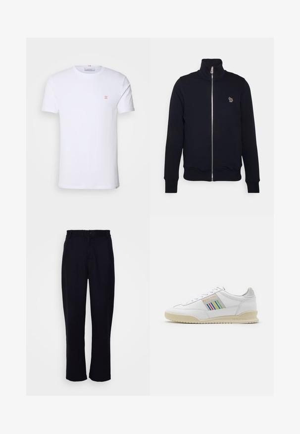 Marineblaue Zip-Up-Sweatshirt mit hohem Kragen, gerippten Bündchen und Saum. Verfügt über ein gesticktes Logo auf der linken Brust. Hergestellt aus weichem Stoff.; Weißes Baumwoll-T-Shirt mit kurzen Ärmeln, das ein kleines orangefarbenes "II"-Logo auf der linken Brust und einen Rundhalsausschnitt aufweist. Einfaches Design und Textur.; Schwarze Hose mit geradem Bein-Design, ausgestattet mit einem taillierten Bund, einem einzelnen Vorderknopf und zwei Fronttaschen. Glatte Textur.; Weißes Ledersneaker mit einer cremefarbenen Sohle, mehrfarbigen Streifenakzenten an der Seite und "PS Paul Smith"-Branding in Gold.