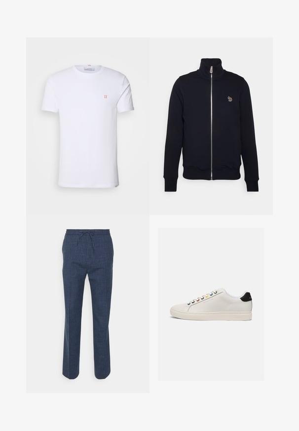Marine blauwe zip-up sweatshirt met hoge kraag, geribbelde manchetten en tailleband. Bevat een geborduurd logo op de linkerkant van de borst. Gemaakt van zachte stof.; Witte katoenen t-shirt met korte mouwen, met een klein oranje "II" logo op de linkerborst en een ronde halslijn. Eenvoudig ontwerp en textuur.; Tiger of Sweden ISCOVE - Broek - light ink; Witte leren sneaker met een licht afgeronde neus, platte zool, meerkleurige veterogen, zwarte hielclip en een geperst logo aan de zijkant.