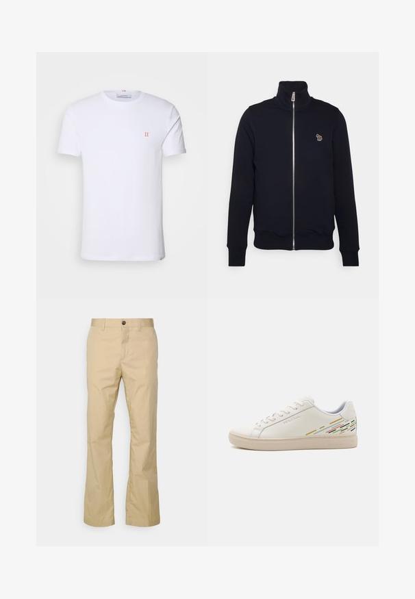 Marineblaue Zip-Up-Sweatshirt mit hohem Kragen, gerippten Bündchen und Saum. Verfügt über ein gesticktes Logo auf der linken Brust. Hergestellt aus weichem Stoff.; Weißes Baumwoll-T-Shirt mit kurzen Ärmeln, das ein kleines orangefarbenes "II"-Logo auf der linken Brust und einen Rundhalsausschnitt aufweist. Einfaches Design und Textur.; J.LINDEBERG DROPPER LIGHT PANTS - Stoffhose - safari beige; Weisse Ledersneakers mit einer glatten Textur, ausgestattet mit bunten Linienmustern an der Ferse und einer beigen Gummisohle.