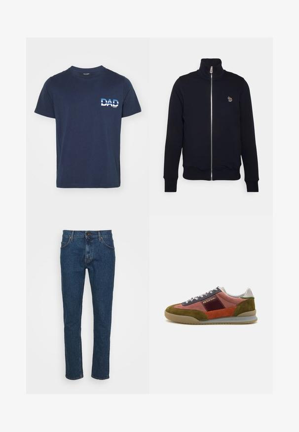 Sudadera azul marino con cremallera y alto cuello, puños y cintura acanalados. Presenta un logotipo bordado en el lado izquierdo del pecho. Fabricada con un tejido suave.; Camiseta de algodón azul marino de mangas cortas. Presenta un texto gráfico en blanco "PAPÁ" en el lado izquierdo, en una fuente negrita. Diseño simple y casual.; Tiger of Sweden PISTOLERO - Vaqueros rectos - medium blue; PS Paul Smith DOVER - Zapatillas - pink