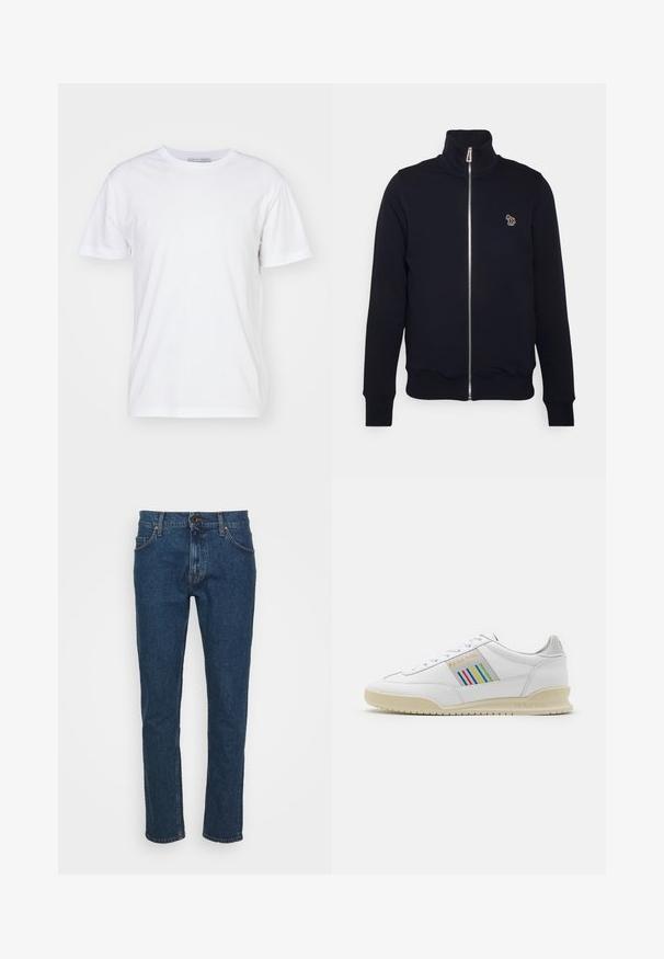 Marineblaue Zip-Up-Sweatshirt mit hohem Kragen, gerippten Bündchen und Saum. Verfügt über ein gesticktes Logo auf der linken Brust. Hergestellt aus weichem Stoff.; Weißes Baumwoll-T-Shirt mit Rundhalsausschnitt, kurzen Ärmeln und geradem Schnitt. Keine Muster oder Verzierungen, glatte Textur und schlichtes Design.; Tiger of Sweden PISTOLERO - Jeans Straight Leg - medium blue; Weißes Ledersneaker mit einer cremefarbenen Sohle, mehrfarbigen Streifenakzenten an der Seite und "PS Paul Smith"-Branding in Gold.