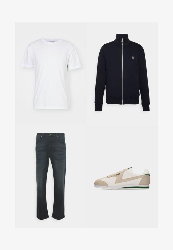Mørkeblå zip-up sweatshirts med høj krave, ribstrikkede manchetter og talje. Har et broderet logo på venstre bryst. Lavet af blødt stof.; Hvid bomulds t-shirt med rund halsudskæring, korte ærmer og lige snit. Ingen mønstre eller udsmykninger, glat tekstur og enkel design.; DRYKORN SIT - Jeans Straight Leg - blue; Hvid og beige lavtop-sneaker med grønne detaljer, ruskindsoverlejringer og en hvid sål med en grøn stribe, vist fra siden.