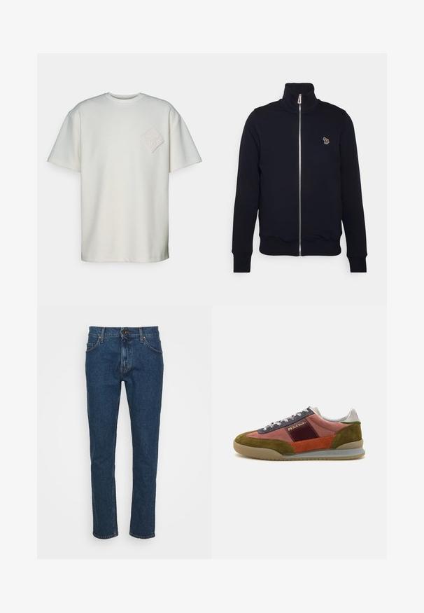 Sweat-shirt zippé bleu marine avec col montant, poignets et taille côtelés. Présente un logo brodé sur la poitrine gauche. Fabriqué en tissu doux.; T-shirt à manches courtes en coton blanc cassé, avec un patch en diamant texturé et un design en relief sur la poitrine gauche.; Tiger of Sweden PISTOLERO - Jean droit - medium blue; PS Paul Smith DOVER - Baskets basses - pink