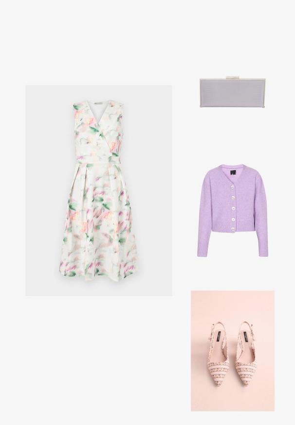 Lavendel gebreide cardigan met een v-hals, cropped ontwerp, vijf grote witte knopen en geribde manchetten en zoom.; Mouwloze witte midi-jurk met pastel aquarel bloemenprint, V-hals wikkelbodysuit, getailleerde taille en geplooide rok.; Puntige hoge hakken in roze stof met bloem- en strepenpatronen, voorzien van verstelbare slingback banden en een gladde textuur.; Rechthoekige lavendelkleurige clutch van textuurmateriaal met gladde randen. Voorzien van een zilveren klapsluiting aan de bovenkant.