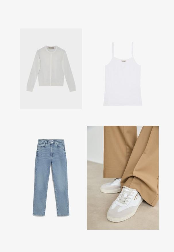 Witte gebreide cardigan met knopen, lange mouwen, ronde hals en subtiel logo op de linkerborst, plat liggend op een lichte achtergrond.; Witte Calvin Klein damestanktop met dunne schouderbandjes en een simpel, aansluitend ontwerp.; Lichtblauwe jeans met een recht model, vijf-pocket ontwerp, sluiting met een voorknoop en subtiele vervaging op de bovenbenen. Klassieke denimtextuur.; Witte sneakers met suède accenten, gestructureerde veters en een rubberen zool. Gecombineerd met losse beige broek. Logo zichtbaar aan de zijkant.