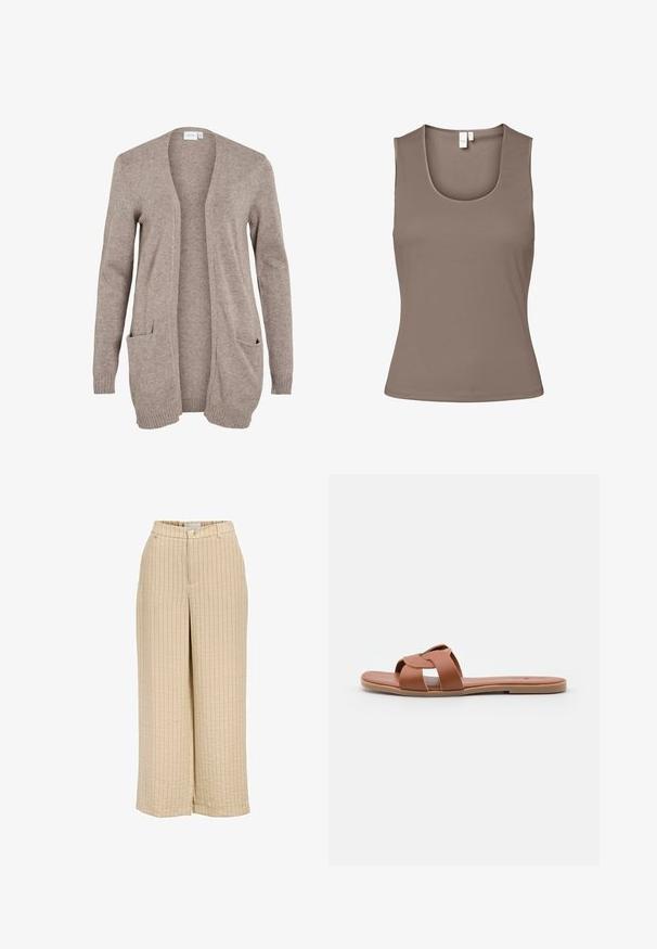 Cardigan long beige avec ouverture sur le devant, en tissu tricoté texturé, avec deux poches avant et des poignets côtelés. Aucunes fermetures ni décorations présentes.; Haut sans manches marron en tissu lisse et extensible. Il présente un décolleté arrondi et une coupe ajustée, avec des coutures minimales et sans ornement.; Pantalon beige à jambes larges avec fines rayures verticales, fermeture par bouton, fermeture éclair et détail de taille élastique.; Sandales plates marron en cuir lisse avec un design à brides croisées, dotées d'une semelle plate et d'un style minimaliste.