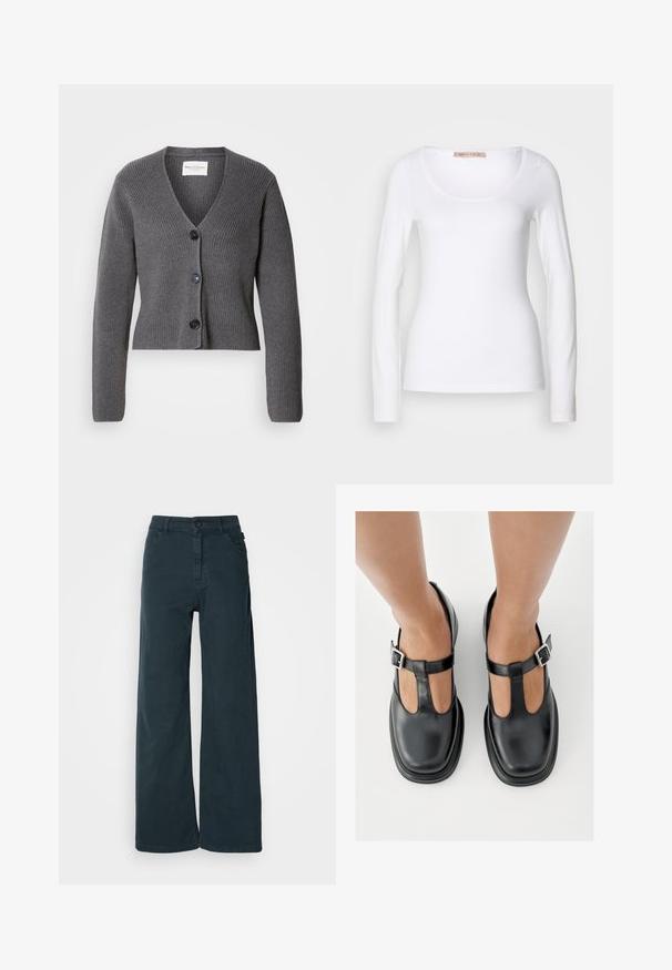 Grå ribbet cardigan med V-hals, lange ærmer og fire sorte knapper foran. Fremstillet af struktureret strikmateriale.; Langærmet hvid bomulds T-shirt med rund halsudskæring og tætsiddende design, med glat tekstur og uden udsmykninger.; Bredde bukser i mørkegrå bomuldsblanding med frontknaplukning, bæltestropper og to sidelommer. Glat tekstur med minimal detaljering.; Sorte lædersko med T-rem-design, lukket tå og sølvfarvede spændeaccenter. Glat tekstur med rundet tå og flad sål.