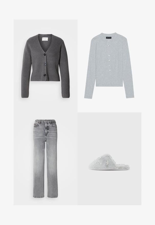 Cardigan gris côtelé avec un col en V, des manches longues et quatre boutons noirs à l'avant. Fabriqué en matériau tricoté texturé.; Cardigan gris à manches longues en tissu côtelé, présentant un col rond et six boutons frontaux avec une légère brillance.; Jeans taille haute gris avec un design à jambe droite, une légère décoloration et un style classique à cinq poches avec fermeture à bouton en métal.; Chaussons gris en peluche avec un dos ouvert, présentant des motifs brodés et une texture douce, idéals pour un usage intérieur.