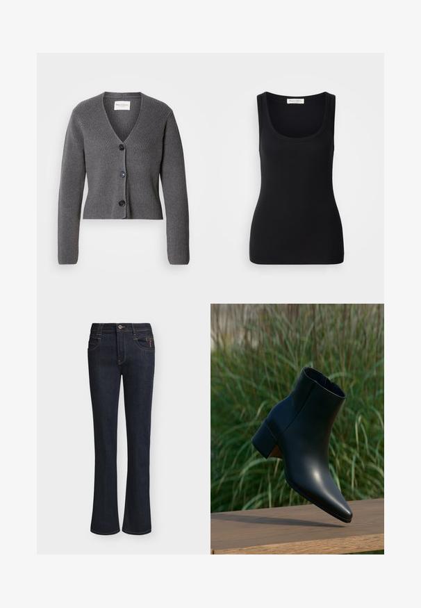 Grå ribbet cardigan med V-hals, lange ærmer og fire sorte knapper foran. Fremstillet af struktureret strikmateriale.; Sort ribbet tanktop med rund halsudskæring, brede skulderstropper og en tætsiddende pasform. Label bagpå med teksten "Marc O'Polo."; Mørkeblå denimjeans med lette vide ben, frontknap og lynlåslukning, forlommer og synlige syningsdetaljer.; Sort læderankelstøvle med blokhæl, spids tå, vist over et trægulv med grøn sløret græs i baggrunden.
