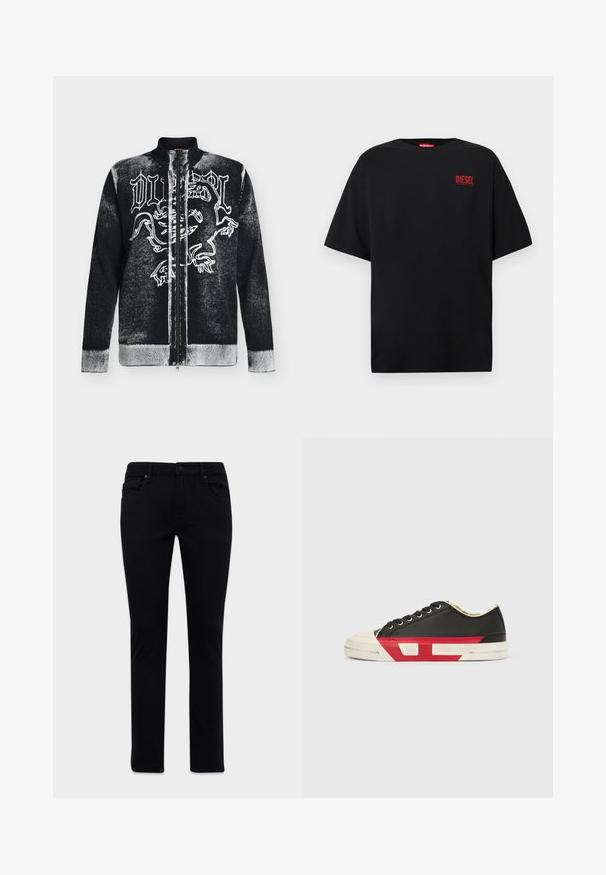 Schwarz-weißer Zip-up-Pullover mit Stehkragen, vorne mit stilisiertem Löwendesign und gotischem Schriftzug.; Schwarzes T-Shirt aus Baumwolle, mit kurzen Ärmeln, rundem Ausschnitt und einem roten "DIESEL"-Logo auf der linken Brustseite.; Schwarze Slim-Fit-Jeans mit Vorder- und Rückentaschen, Gürtelschlaufen und Knopfverschluss, auf einem weißen Hintergrund präsentiert.; Schwarzer Leinensneaker mit roten Akzenten, Gummizehenschutz und weißer Sohle. Verfügt über schwarze Schnürsenkel und ein strukturiertes Design an der Seite.