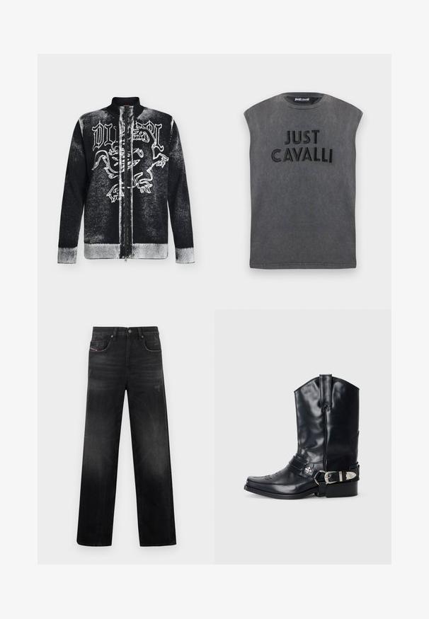 Pull zippé noir et blanc avec col montant, orné d'un motif de lion stylisé et d'un texte en lettres gothiques sur le devant.; T-shirt noir délavé sans manches avec épaules rembourrées, arborant le texte "JUST CAVALLI" en relief sur le devant.; Jean en denim noir à coupe droite, avec cinq poches, un léger délavage et un aspect usé. Détails visibles en métal et coutures apparentes.; Botte de cowboy en cuir noir avec un bout pointu, une tige haute, des coutures décoratives et une quincaillerie en argent sur la sangle. Fini texturé.
