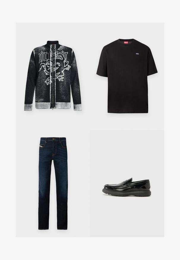 Pull zippé noir et blanc avec col montant, orné d'un motif de lion stylisé et d'un texte en lettres gothiques sur le devant.; T-shirt Diesel noir à manches courtes avec petit logo blanc "DIESEL" sur le côté gauche de la poitrine et étiquette Diesel rouge à l'intérieur du col.; Jean bleu foncé coupe droite classique. Fabriqué en denim, avec des coutures orange, cinq poches et une braguette à boutons.; Mocassin en cuir noir avec une finition brillante, bout arrondi, détails de couture subtils et semelle en caoutchouc épaisse pour la durabilité.