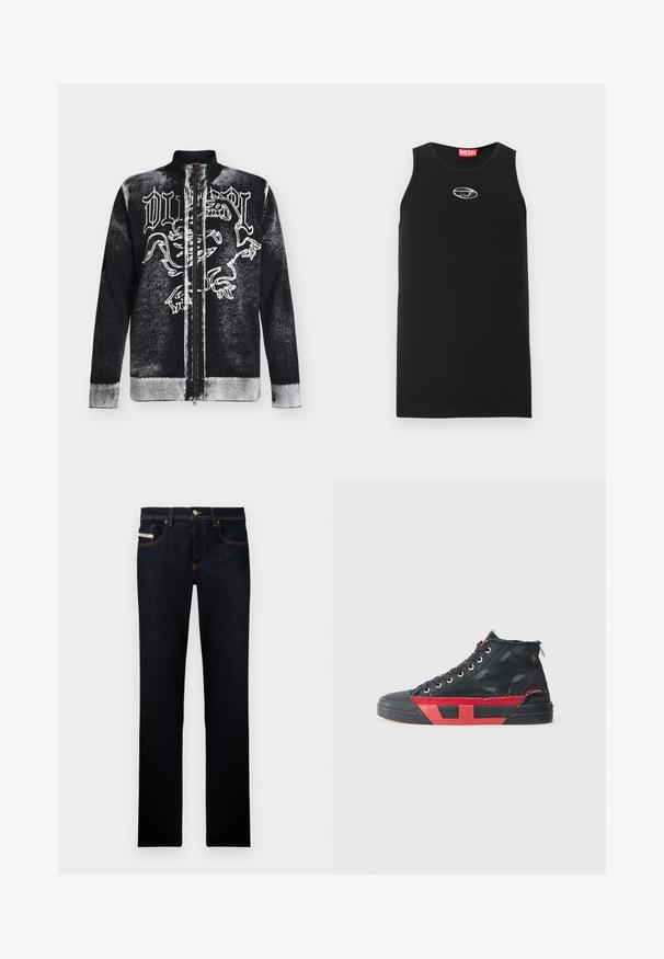 Schwarz-weißer Zip-up-Pullover mit Stehkragen, vorne mit stilisiertem Löwendesign und gotischem Schriftzug.; Schwarzes ärmelloses Tanktop aus Baumwolle. Verfügt über einen runden Halsausschnitt und ein kleines weißes Diesel-Logo auf der Brust. Glatte Textur.; Dunkelblaue Jeans aus Denim mit geradem Bein, mit orangefarbener Naht und einem Label auf der Vordertasche. Mit Metallknopfverschluss.; Schwarze High-Top-Sneaker mit roten Akzenten und einem abgenutzten Finish. Verfügt über ein strukturiertes Canvas-Obermaterial und eine Gummisohle mit Ausschnitt-Design.