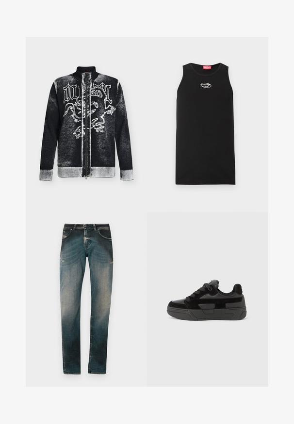 Pull zippé noir et blanc avec col montant, orné d'un motif de lion stylisé et d'un texte en lettres gothiques sur le devant.; Débardeur noir sans manches en coton. Présente un col rond et un petit logo Diesel blanc sur la poitrine. Texture lisse.; Jeans en denim slim-fit bleu délavé avec un léger effet usé et des détails de moustaches, présentant des poches avant et arrière ainsi que des passants de ceinture.; Baskets noires en mélange de matériaux lisses et texturés, dotées d'un bout rond, d'une semelle épaisse et d'une fermeture à lacets. Design minimaliste avec des accents.