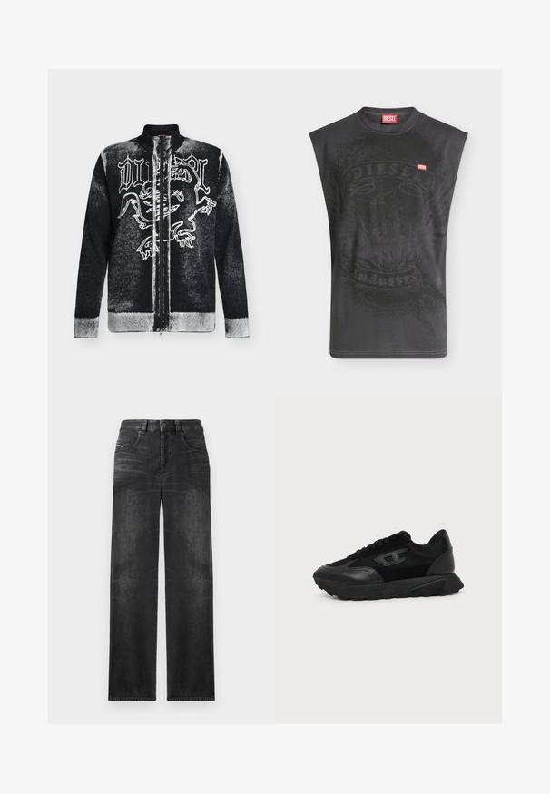 Schwarz-weißer Zip-up-Pullover mit Stehkragen, vorne mit stilisiertem Löwendesign und gotischem Schriftzug.; Ärmelloses schwarzes Diesel-T-Shirt mit dezentem Adlermotiv und kleinem roten Diesel-Logo-Patch auf der Brust.; Schwarze gerade Jeans aus Denim, mit fünf Taschen, Gürtelschlaufen und subtiler Ausbleichung des Stoffes für Textur.; Schwarzer Low-Top-Sneaker mit strukturierter Sohle, Mesh- und Lederoberseite, Schnürung vorne und kleinem eingeprägtem Logo auf dem Seitenpanel.