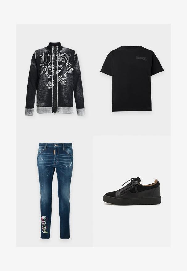 Pull zippé noir et blanc avec col montant, orné d'un motif de lion stylisé et d'un texte en lettres gothiques sur le devant.; T-shirt en coton noir à manches courtes et col rond. Présente un logo "DIESEL" brodé en blanc sur le côté supérieur gauche.; Jean en denim bleu à coupe slim, avec des éclaboussures de peinture et un texte graphique coloré sur la jambe gauche. Couture contrastée le long des coutures.; Giuseppe Zanotti DOUBLE ZIP - Baskets basses - black