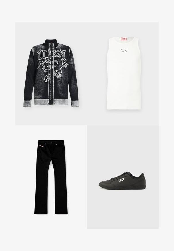 Sort og hvid lynlåstrøje med høj krave med et stiliseret løvedesign og gotisk tekst på fronten.; Hvid ærmeløs tanktop lavet af glat stof, med en lille sølvlogo på brystet og en rød label ved halsudskæringen.; Sorte straight-leg jeans med frontknap og lynlås, for- og baglommer samt en hvid etiket synlig i den højre forlomme.; Sorte syntetiske sneakers med en struktureret sort sål, rund tå og flade sorte snørebånd. Fremtrædende hvidt logo på ydersiden.