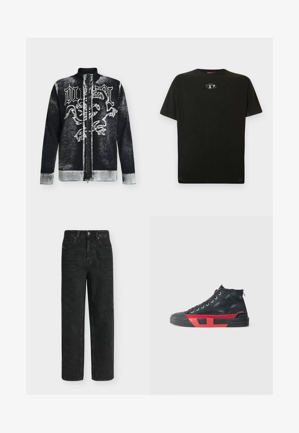 Pull zippé noir et blanc avec col montant, orné d'un motif de lion stylisé et d'un texte en lettres gothiques sur le devant.; T-shirt en coton noir à manches courtes, col rond, avec un petit logo métallique sur la poitrine. Texture lisse et coupe droite.; Jean noir coupe droite avec taille haute, bouton et fermeture éclair à l'avant, poches latérales et arrière, présenté sur un fond clair uni.; Baskets montantes noires avec des accents rouges et une finition usée. Caractérisées par une tige en toile texturée et une semelle en caoutchouc avec un design découpé.