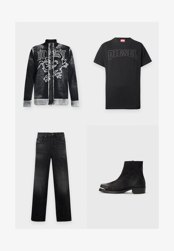 Pull zippé noir et blanc avec col montant, orné d'un motif de lion stylisé et d'un texte en lettres gothiques sur le devant.; T-shirt noir à manches courtes avec texte "DIESEL" courbé et cousu sur la poitrine, et étiquette rouge à l'intérieur du col.; Jean en denim noir à coupe droite, avec cinq poches, un léger délavage et un aspect usé. Détails visibles en métal et coutures apparentes.; Bottine noire en matériaux en daim et cuir, à bout rond, petit talon, accent métallique argenté sur le bout et panneaux latéraux élastiques.
