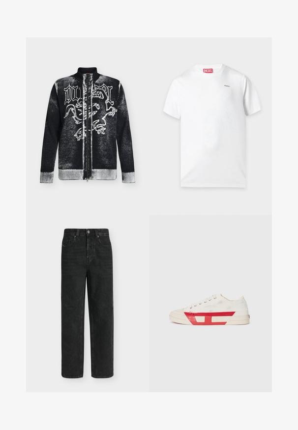 Pull zippé noir et blanc avec col montant, orné d'un motif de lion stylisé et d'un texte en lettres gothiques sur le devant.; T-shirt blanc uni à manches courtes avec col rond, petit logo Diesel sur la poitrine et étiquette rouge Diesel à l'intérieur du col.; Jean noir coupe droite avec taille haute, bouton et fermeture éclair à l'avant, poches latérales et arrière, présenté sur un fond clair uni.; Baskets en toile avec un dessus blanc, des accents en caoutchouc rouge et un design texturé. Elles présentent une tête arrondie et cinq œillets pour les lacets.