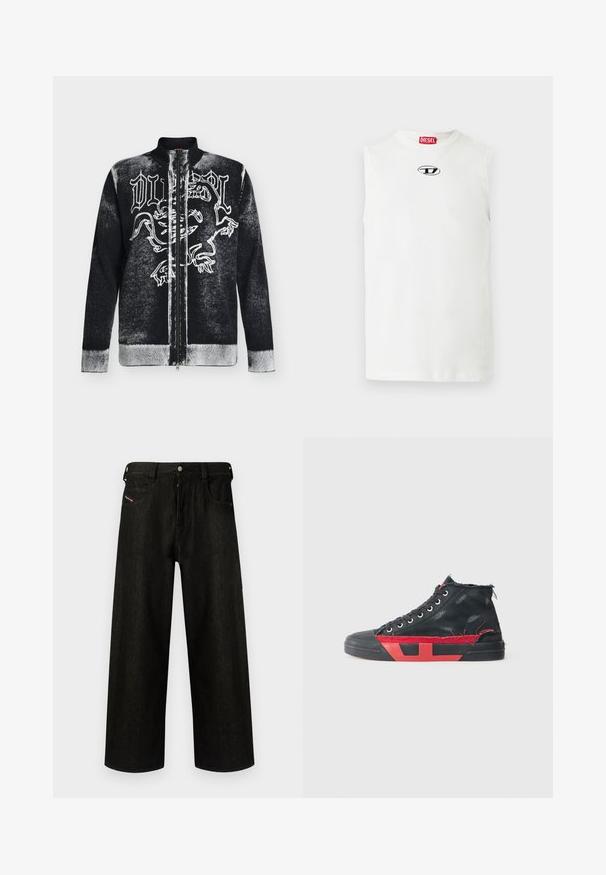 Pull zippé noir et blanc avec col montant, orné d'un motif de lion stylisé et d'un texte en lettres gothiques sur le devant.; T-shirt blanc sans manches en coton, avec un col rond et un logo brodé en noir et bleu sur la poitrine.; Jean noir à jambes larges en denim, présentant une fermeture éclair, cinq poches et un branding discret sur la poche avant. Tissu durable et texturé.; Baskets montantes noires avec des accents rouges et une finition usée. Caractérisées par une tige en toile texturée et une semelle en caoutchouc avec un design découpé.