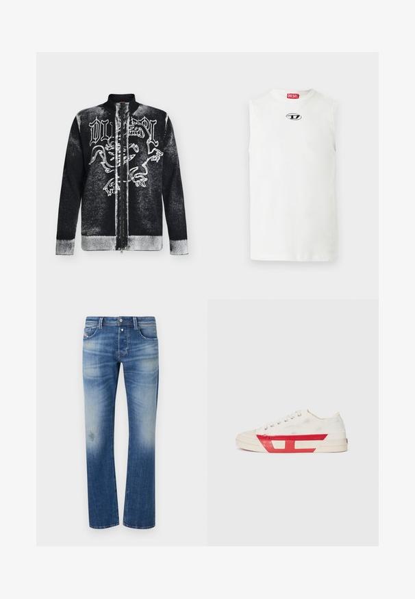 Pull zippé noir et blanc avec col montant, orné d'un motif de lion stylisé et d'un texte en lettres gothiques sur le devant.; T-shirt blanc sans manches en coton, avec un col rond et un logo brodé en noir et bleu sur la poitrine.; Jean en denim bleu avec des zones décolorées et usées, coupe droite, fermeture avant par bouton et zip, avec le design classique à cinq poches.; Baskets en toile avec un dessus blanc, des accents en caoutchouc rouge et un design texturé. Elles présentent une tête arrondie et cinq œillets pour les lacets.