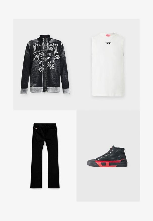 Pull zippé noir et blanc avec col montant, orné d'un motif de lion stylisé et d'un texte en lettres gothiques sur le devant.; T-shirt blanc sans manches en coton, avec un col rond et un logo brodé en noir et bleu sur la poitrine.; Jeans noirs à jambe droite avec bouton et fermeture éclair à l'avant, poches avant et arrière, et une étiquette blanche visible dans la poche avant droite.; Baskets montantes noires avec des accents rouges et une finition usée. Caractérisées par une tige en toile texturée et une semelle en caoutchouc avec un design découpé.