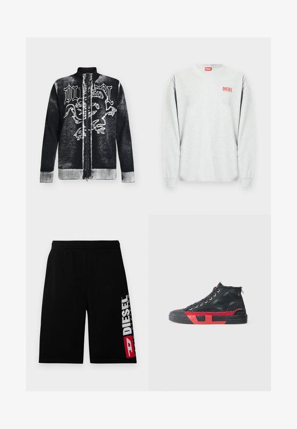 Pull zippé noir et blanc avec col montant, orné d'un motif de lion stylisé et d'un texte en lettres gothiques sur le devant.; Sweat-shirt gris à manches longues en mélange de coton, avec un logo "DIESEL" rouge sur la poitrine gauche et des poignets côtelés. Design basique avec col rond.; Shorts en coton noir avec une taille élastique, dotés de poches latérales et d'un logo DIESEL blanc et rouge audacieux sur la jambe gauche.; Baskets montantes noires avec des accents rouges et une finition usée. Caractérisées par une tige en toile texturée et une semelle en caoutchouc avec un design découpé.
