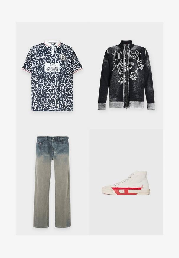 Pull zippé noir et blanc avec col montant, orné d'un motif de lion stylisé et d'un texte en lettres gothiques sur le devant.; Polo avec imprimé abstrait noir et blanc, col blanc avec rayures rouges, texte « Weekend Offender » et logos sur la poitrine et les manches.; Jeans en denim délavé à taille haute, jambe droite, avec un effet ombré passant du bleu foncé au gris clair vers le bas.; Baskets montantes avec une tige en toile blanche, des accents en caoutchouc rouge et un détail d'ourlet effiloché, avec des œillets en argent et une semelle texturée.