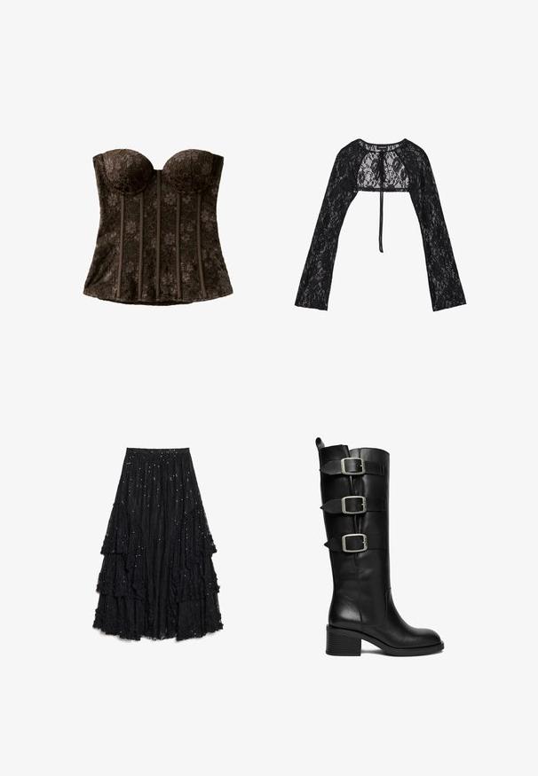 Even&Odd by Zalando Kardigán - black; Čierny čipkovaný korzet s kvetinovým vzorom, štruktúrovanými kostencami a vypchávkami, navrhnutý na tvarovanie a podporu.; Čierna vrstvená sukňa z textúrovanej čipky, ktorá má vrstvy s rozstrapkaným zakončením a rozptýlené flitre pre dodatočný detail.; Čierna kožená čižma po kolená s troma nastaviteľnými striebornými prackami a nízkym hrubým podpätkom na bielom pozadí.