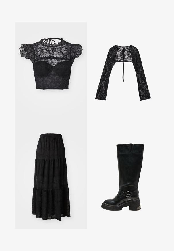 Even&Odd by Zalando Ζακέτα - black; LASCANA Μπλούζα - black; Μαύρη μακριά φούστα φτιαγμένη από υφαντό ύφασμα, με πολυεπίπεδη σχεδίαση, ιδιόμορφο μέσο και διακριτά κυματιστά μοτίβα σε όλη τη φούστα.; Μαύρη δερμάτινη μποτά με μπόι μέχρι το γόνατο, με χοντρό τρίγωνο τακούνι, ασημένιο κρίκο στη λουρίδα στον αστράγαλο και μεταλλική λεπτομέρεια στο πλάι του τακουνιού.