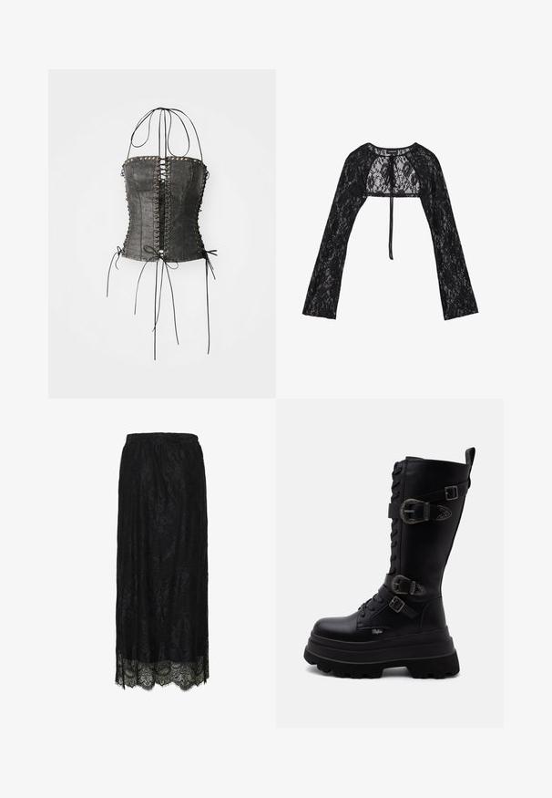 Even&Odd by Zalando Cardigan - black; Jaded London LONGLINE LACE UP HALTER CORSET - Topper - black; Svart blonde midi-skjørt med bølget kant og blomstermønster, med elastisk midje.; Svart midtkalvs kampstøvel med kraftig platåsåle, snøring foran og tre dekorative spenner på siden.