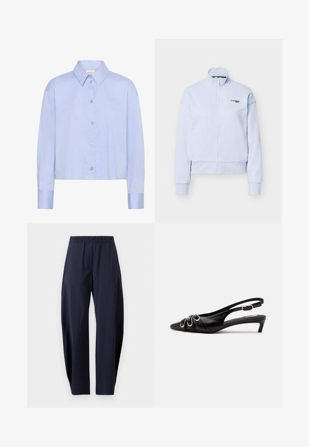Veste zippée bleu clair avec col montant et manches longues, arborant un petit logo Lacoste vert sur la poitrine gauche.; Chemise boutonnée cropped bleu clair avec un col, des manches longues et des boutons transparents. Détail du logo subtil sur la poitrine.; Pantalon bleu marine droit avec taille élastique et poches latérales, présenté sur fond blanc.; Chaussure slingback en cuir noir avec bout pointu, trois boucles argentées à l'avant et petit talon kitten sur fond blanc.