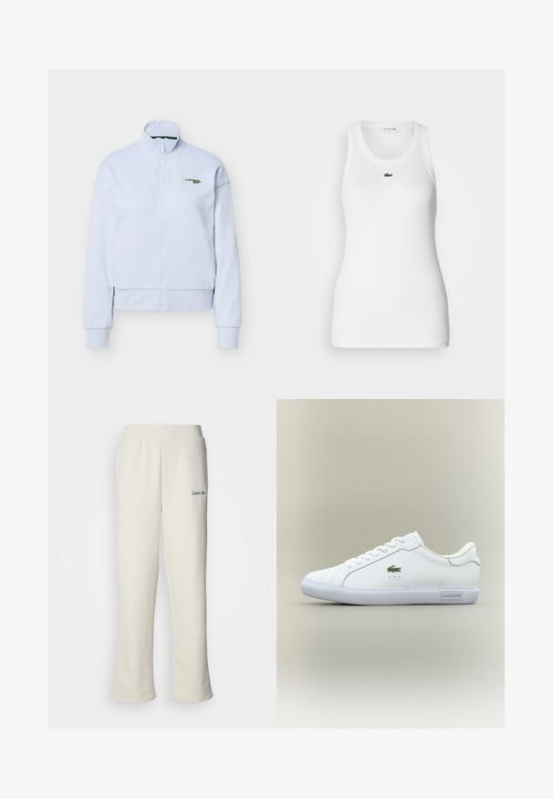 Veste zippée bleu clair avec col montant et manches longues, arborant un petit logo Lacoste vert sur la poitrine gauche.; Débardeur blanc sans manches avec un col rond et une texture côtelée. Présente un petit logo crocodile vert de Lacoste sur la poitrine.; Pantalons de survêtement couleur crème de Calvin Klein avec une coupe ample, une taille élastique et un petit logo vert sur le côté gauche. Texture douce et lisse.; Baskets basses blanches avec lacets blancs, logo crocodile vert sur le côté et étiquette "Lacoste" sur la semelle, le tout sur un fond neutre.