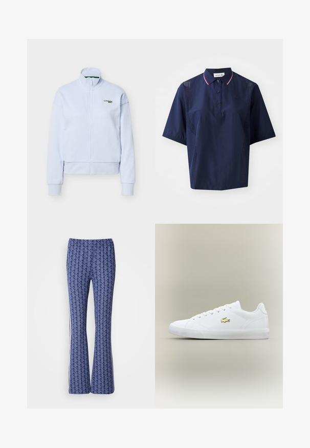 Lyseblå lynlåstrøje med høj krave og lange ærmer, med et lille grønt Lacoste-logo på venstre bryst.; Mørkeblå kortærmet polo shirt med knaplukning, kontrasterende krave med røde og hvide detaljer samt perforerede sider for åndbarhed.; Blå mønstrede bukser med udvidet ben, der har et geometrisk design, elastisk talje og hvide striber på siderne. Glat tekstur hele vejen igennem.; Hvid sneaker lavet af glat læder med en rund tå, flade snørebånd og et lille guld logo. Har en struktureret gummisål og et enkelt design.