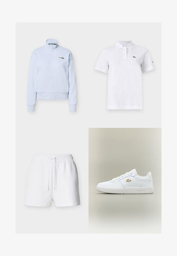 Veste zippée bleu clair avec col montant et manches longues, arborant un petit logo Lacoste vert sur la poitrine gauche.; Polo blanc à manches courtes avec deux boutons, un petit logo crocodile vert sur la poitrine gauche et un logo noir discret sur la manche gauche.; Shorts à taille élastique blanche avec cordon de serrage, ourlet droit et petit logo sur le côté droit.; Baskets en cuir blanc avec un design basse, bout arrondi, fermeture à lacets et un accent du logo doré Lacoste sur le côté.