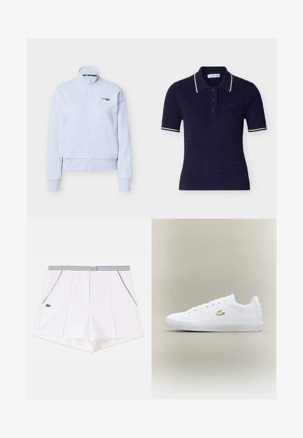 Veste zippée bleu clair avec col montant et manches longues, arborant un petit logo Lacoste vert sur la poitrine gauche.; Polo en maille torsadée bleu marine à manches courtes avec bordure blanche sur le col et les manches, trois boutons, et logo Lacoste sur la poitrine.; Short blanc sur mesure avec coutures verticales, ceinture rayée, poches avant avec passepoil noir et petit logo crocodile vert sur le côté gauche.; Baskets blanches en cuir lisse avec un embout arrondi, des lacets plats et un petit logo doré. Présente une semelle en caoutchouc texturée et un design sobre.