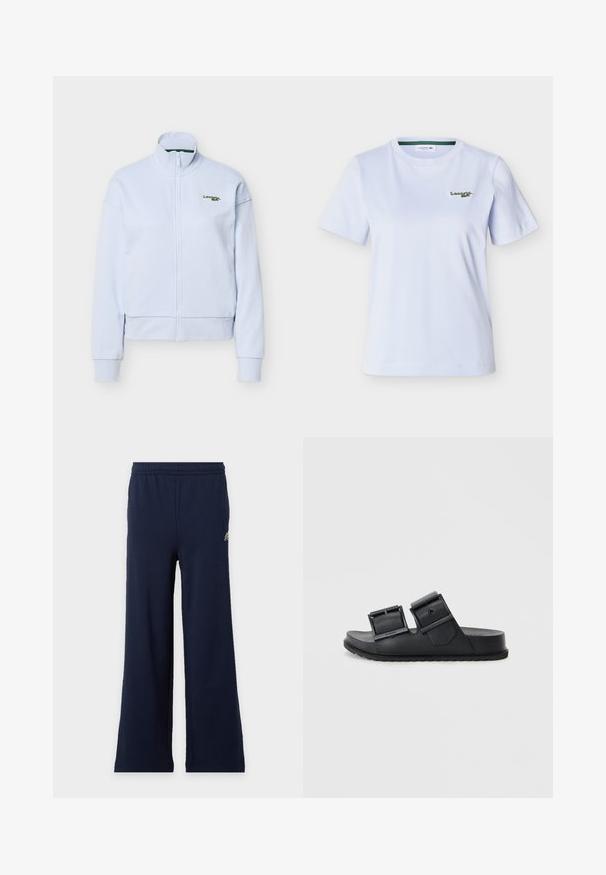 Lyseblå lynlåstrøje med høj krave og lange ærmer, med et lille grønt Lacoste-logo på venstre bryst.; Hvid T-shirt med korte ærmer og rund halsudskæring samt lille grønt Lacoste-logo broderet på venstre bryst.; Marineblå viddebenede bukser med elastisk talje og lille logo på øverste venstre side mod en lys baggrund.; Sorte klipklappere lavet af tekstureret materiale med to justerbare remme med spænder. Flad sål med et mønstrede dæk for godt greb.