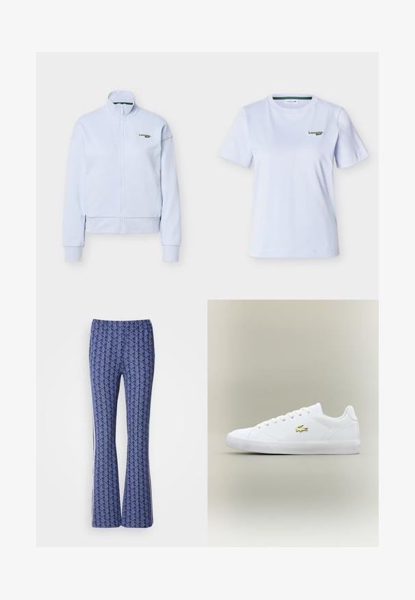 Svetlomodrá bunda na zips s vysokým golierom a dlhými rukávmi, s malým zeleným logom Lacoste na ľavej strane hrudníka.; Biele tričko s krátkym rukávom a okrúhlym výstrihom, s malým zeleným vyšívaným logom Lacoste na ľavej strane hrudníka.; Modré vzorované rozšírené nohavice so geometrickým dizajnom, elastickým pásom a bielymi pruhmi po stranách. Hladká textúra po celej ploche.; Biele tenisky z hladkej kože s okrúhlou špičkou, plochými šnúrkami a malým zlatým logom. Majú textúrovanú gumovú podrážku a jednoduchý dizajn.