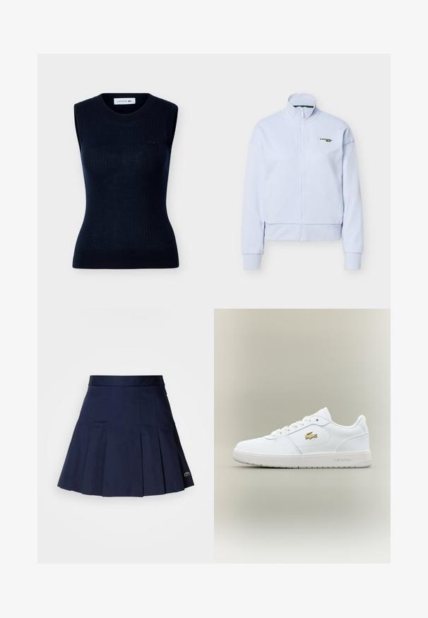 Veste zippée bleu clair avec col montant et manches longues, arborant un petit logo Lacoste vert sur la poitrine gauche.; Haut noir sans manches en maille avec encolure ronde, fines côtes verticales subtilement dessinées, et petit logo Lacoste sur la poitrine gauche.; Jupe plissée bleu marine avec une taille ajustée, fabriquée à partir d'un tissu lisse. Présente un petit logo Lacoste sur l'ourlet.; Baskets en cuir blanc avec un design basse, bout arrondi, fermeture à lacets et un accent du logo doré Lacoste sur le côté.