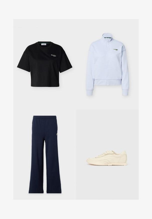 Veste zippée bleu clair avec col montant et manches longues, arborant un petit logo Lacoste vert sur la poitrine gauche.; T-shirt court noir à manches courtes avec col rond et petit logo Lacoste brodé sur le côté gauche de la poitrine.; Pantalon bleu marine à larges jambes avec taille élastique et petit logo en haut à gauche sur fond clair.; Baskets basses de couleur crème avec des coutures ondulées, une fermeture à lacets et une semelle crantée, vues de côté sur un fond uni.
