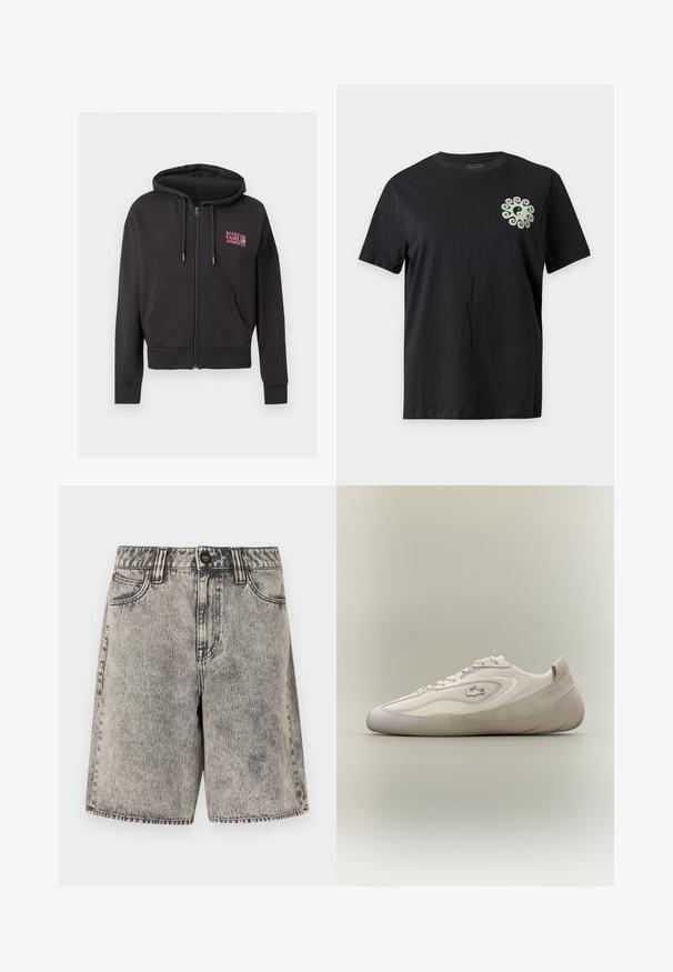 Sweat à capuche noir zippé avec poches avant, capuche à cordon et petit logo coloré "Rip Curl Hawaii" sur le haut gauche de la poitrine.; T-shirt noir à manches courtes avec un petit symbole yin-yang vert clair entouré d’un motif tourbillonnant sur le haut gauche de la poitrine.; Short en denim gris délavé acidulé, taille haute, avec bouton à l'avant, fermeture éclair, passants de ceinture et deux poches avant sur fond blanc.; Baskets basses blanches et beiges avec semelle arrondie, panneaux en mesh et en daim, design à lacets, et petit logo de crocodile sur le côté.