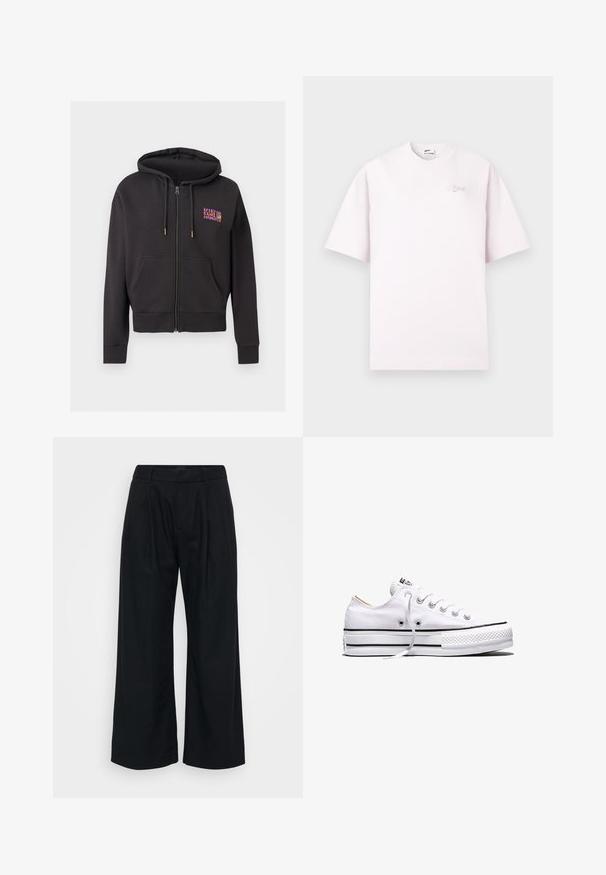 Čierna mikina na zips s prednými vreckami, kapucňou so sťahovaním a malým farebným logom "Rip Curl Hawaii" na hornej ľavej strane hrude.; Svetloružové tričko Nike s krátkym rukávom s malým textom "Just Do It" na hornej ľavej strane hrudníka a okrúhlym výstrihom.; Čierne široké nohavice vyrobené z mäkkej tkaniny, s plochým predným dielom, viditeľnými plisovaním a pásom s pútkami na opasok.; Biela nízka textilná teniska s bielymi šnúrkami, čiernymi pruhmi na podrážke a gumovou textúrovanou špičkou, bočný pohľad na bielom pozadí.
