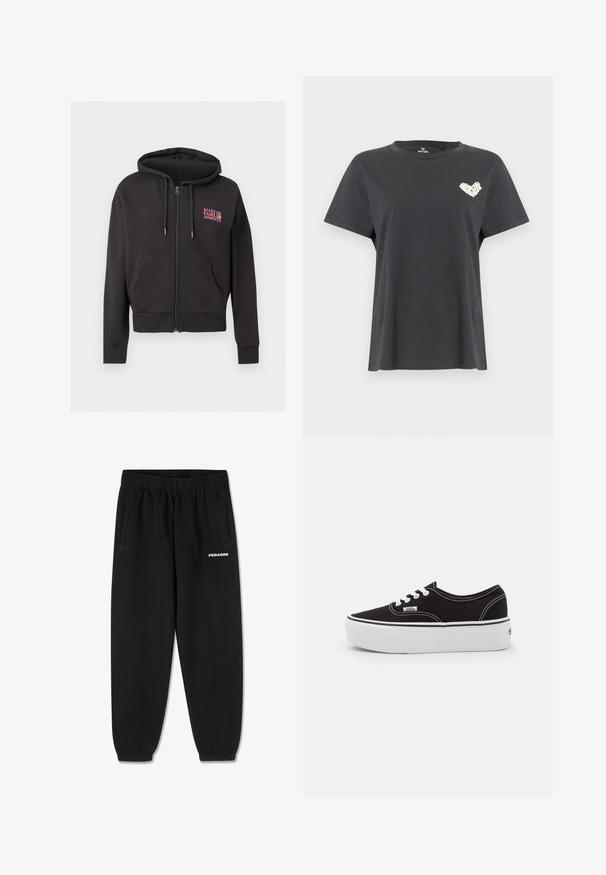 Čierna mikina na zips s prednými vreckami, kapucňou so sťahovaním a malým farebným logom "Rip Curl Hawaii" na hornej ľavej strane hrude.; Čierne tričko s krátkym rukávom a okrúhlym výstrihom s malým bielym srdcovým dizajnom na ľavej hrudi.; Čierne tepláky vyrobené z jemného materiálu, s pásom na šnúrku, zúženými nohavicami a bočnými vreckami. Biele logo "PEGADOR" na prednej strane.; Čierne plátenné tenisky s bielou gumovou platformou, s bielymi šnúrkami a stehmi, ikonickým logom na boku, nízkoprofilový dizajn.