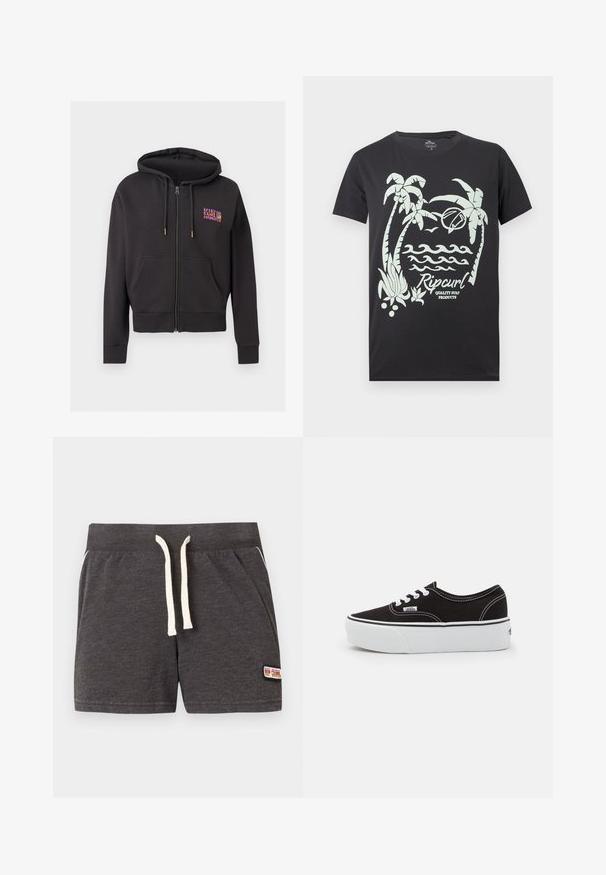 Sweat à capuche noir zippé avec poches avant, capuche à cordon et petit logo coloré "Rip Curl Hawaii" sur le haut gauche de la poitrine.; T-shirt noir avec un graphisme blanc de palmiers, vagues, un oiseau, une planche de surf et le texte "Rip Curl Quality Surf Products" sur le devant.; Shorts en tricot gris foncé avec cordon blanc, ceinture élastique, poches latérales et petit patch logo Rip Curl sur la jambe droite inférieure.; Baskets en toile noires avec une semelle en caoutchouc blanc, dotées de lacets et de coutures blanches, marquage emblématique sur le côté, design basse.